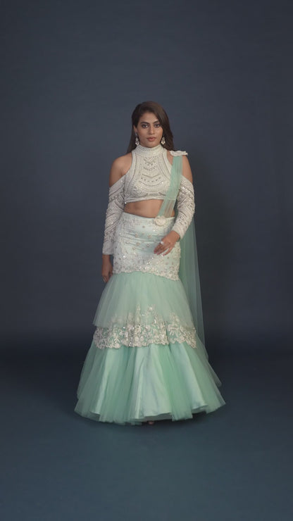 Adara Turquoise Green Mermaid Ruffle Lehenga Set with Heavy Bead Work
