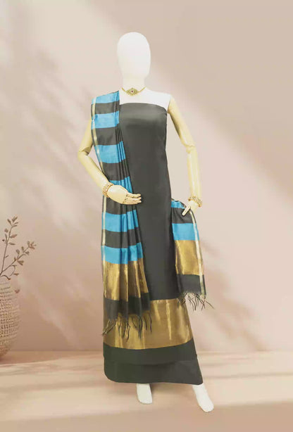 Black & Blue Silk Kurta Set With Antique Gold Embroidery, Dupatta & Pants