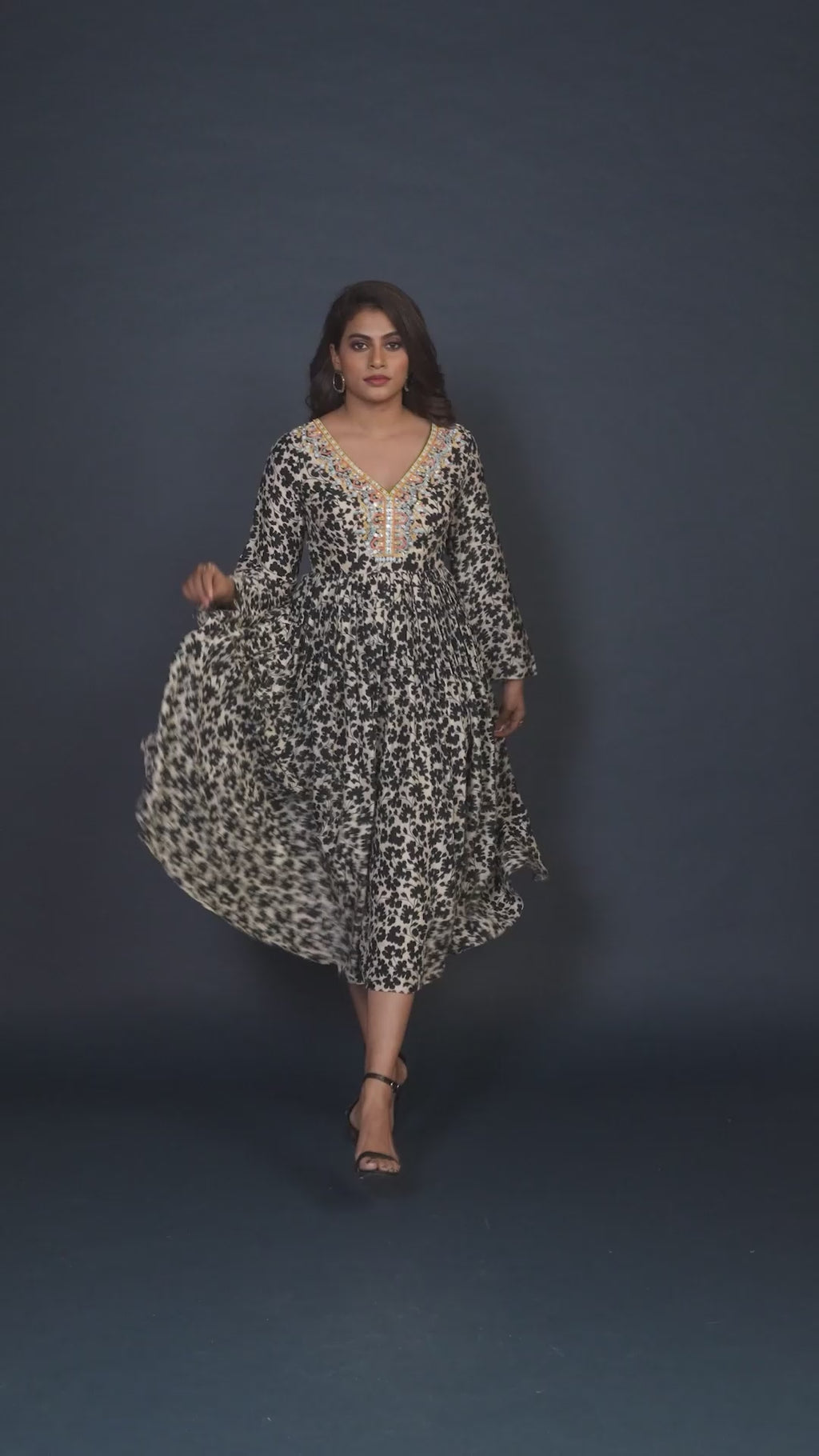 Black Floral Print Midi Dress