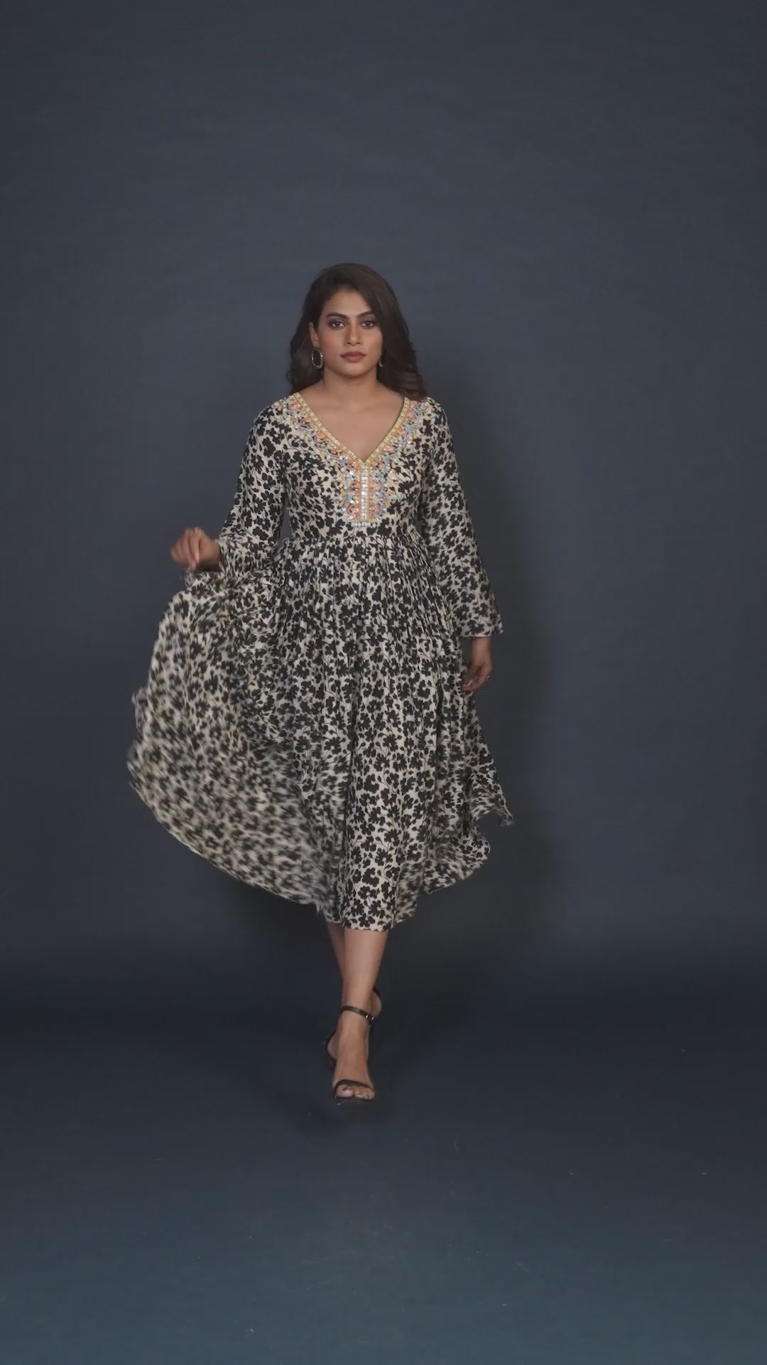 Black Floral Print Midi Dress