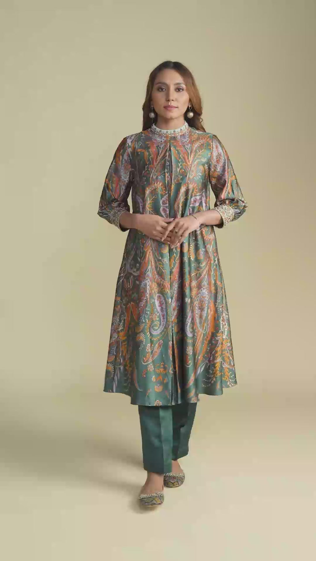 Green Digital Print Silk Kurta Set