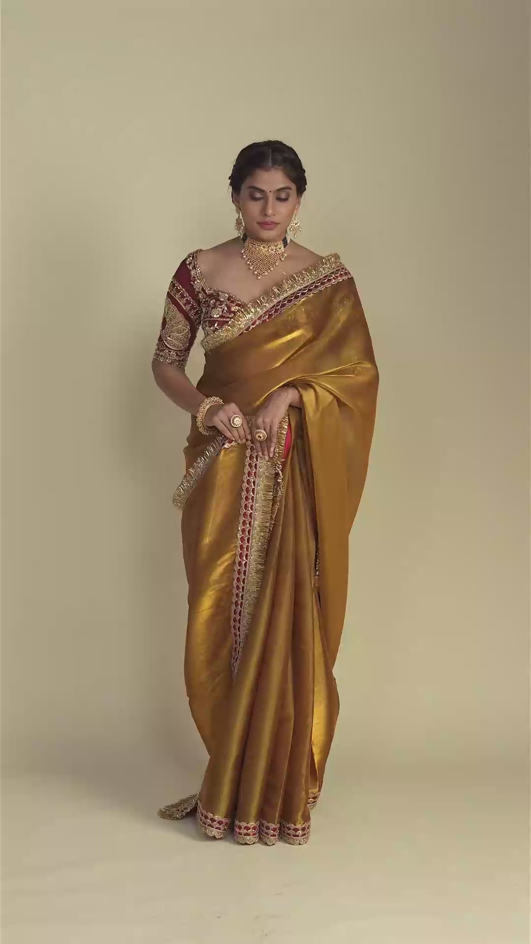 Aarna Golden Glass Tissue Saree with Red Zardozi Blouse