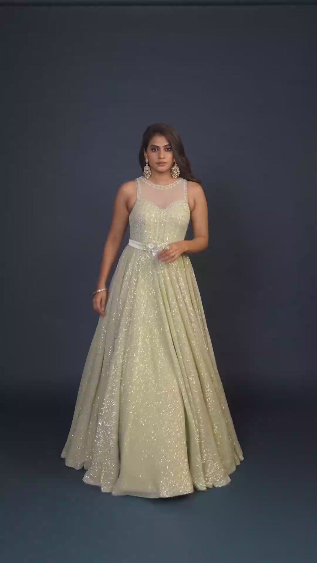 Evermore Shimmer Pista Green Sequined Gown