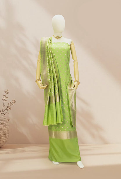 Parrot Green Banarasi Silk 3-Piece Suit – Kurta, Pure Silk Pant & Dupatta