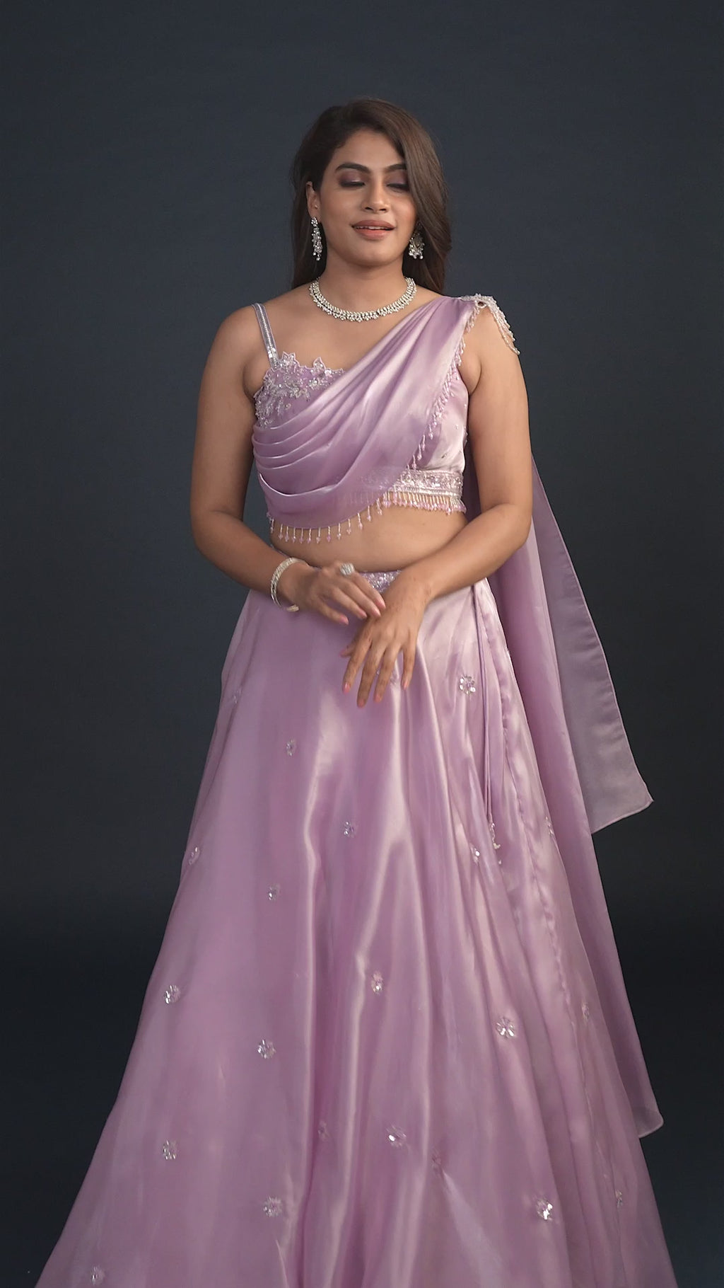 Sakura Lilac Glass Tissue Organza Lehenga Set with attached Dupatta