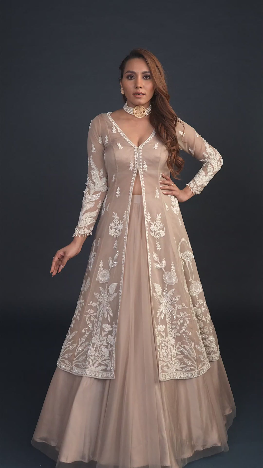 Athena Dusky Beige Plunging V-Neck Jacket Lehenga Set