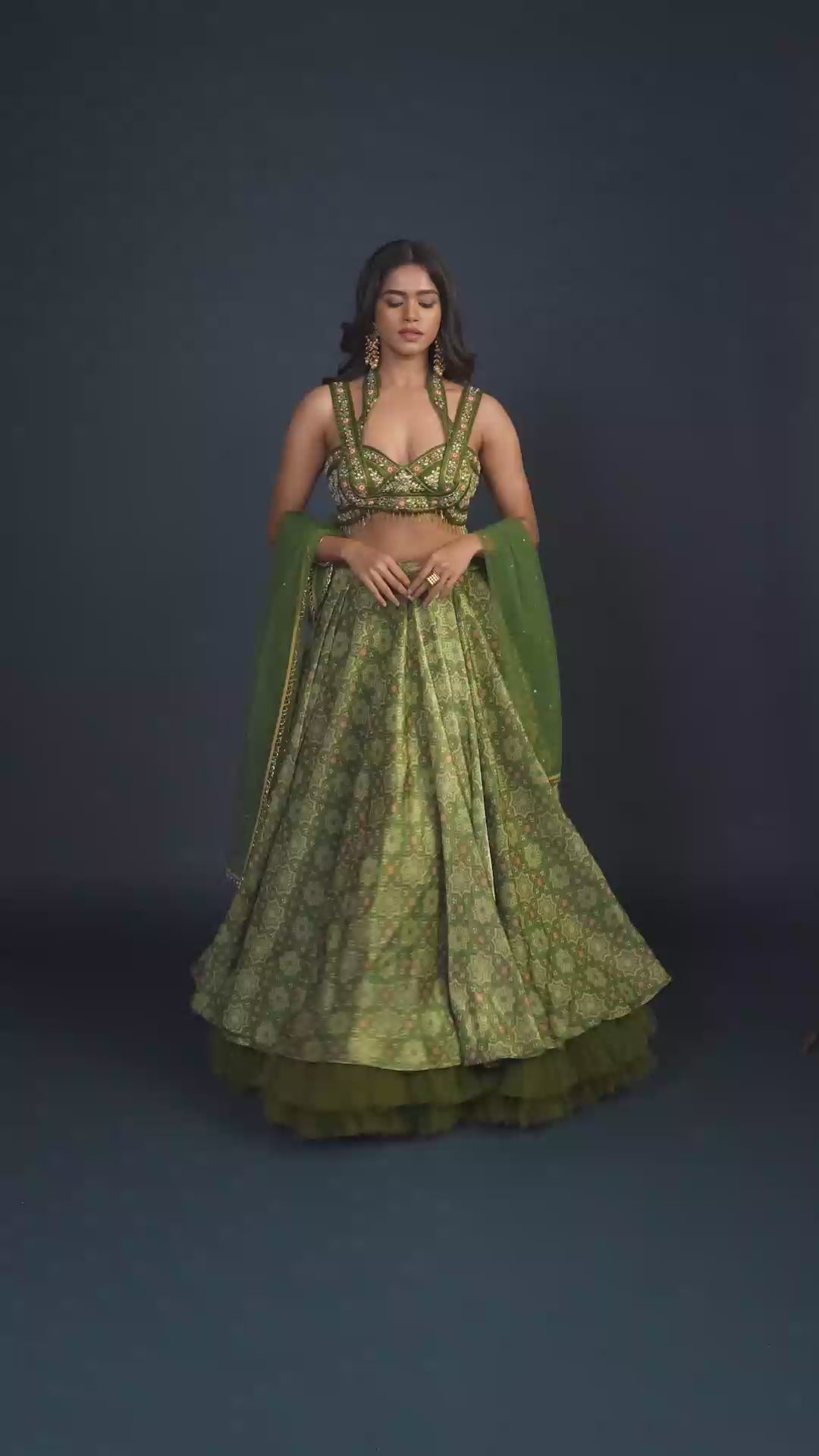 Maple Dark Olive Green Digitally Printed Criss Cross Neck Lehenga Set