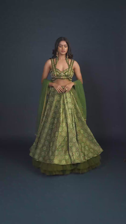 Maple Dark Olive Green Digitally Printed Criss Cross Neck Lehenga Set