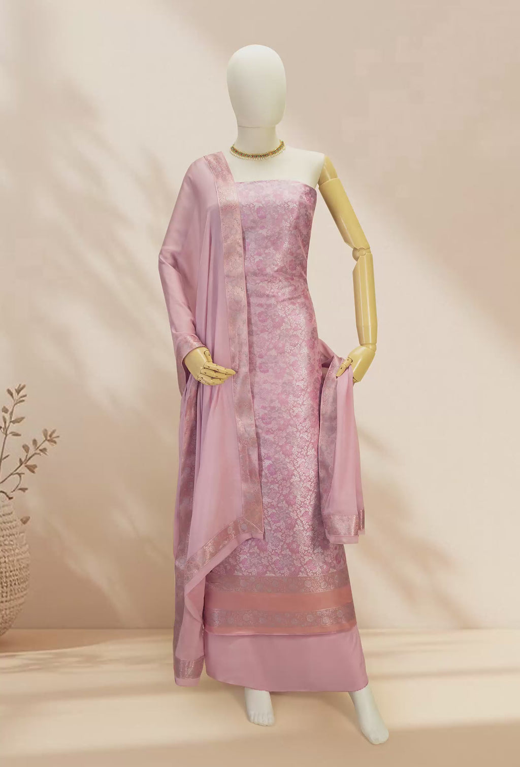 Salmon Pink Modal Silk Suit Piece with Crepe Pant & Chinon Duppatta