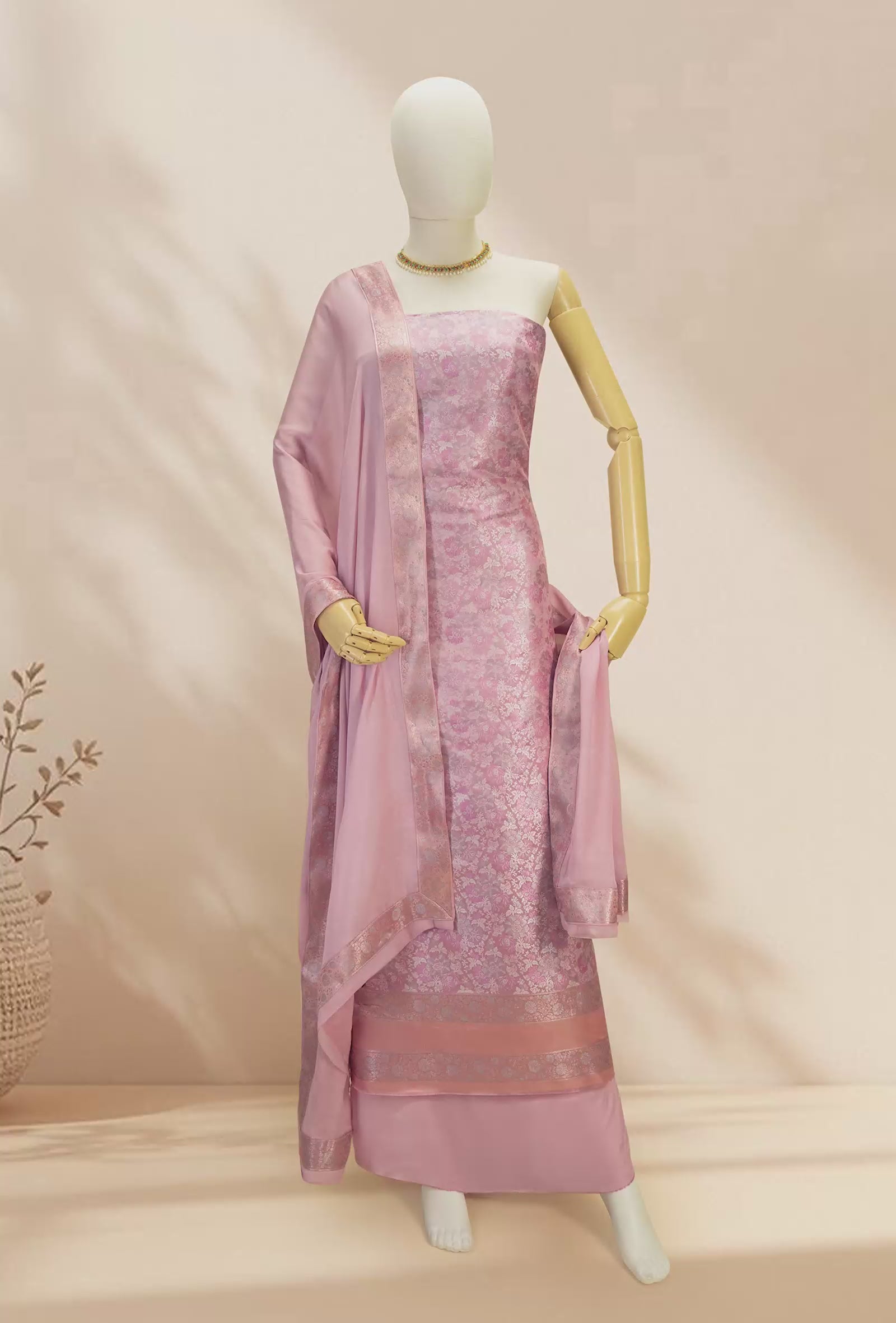 Salmon Pink Modal Silk Suit Piece with Crepe Pant & Chinon Duppatta
