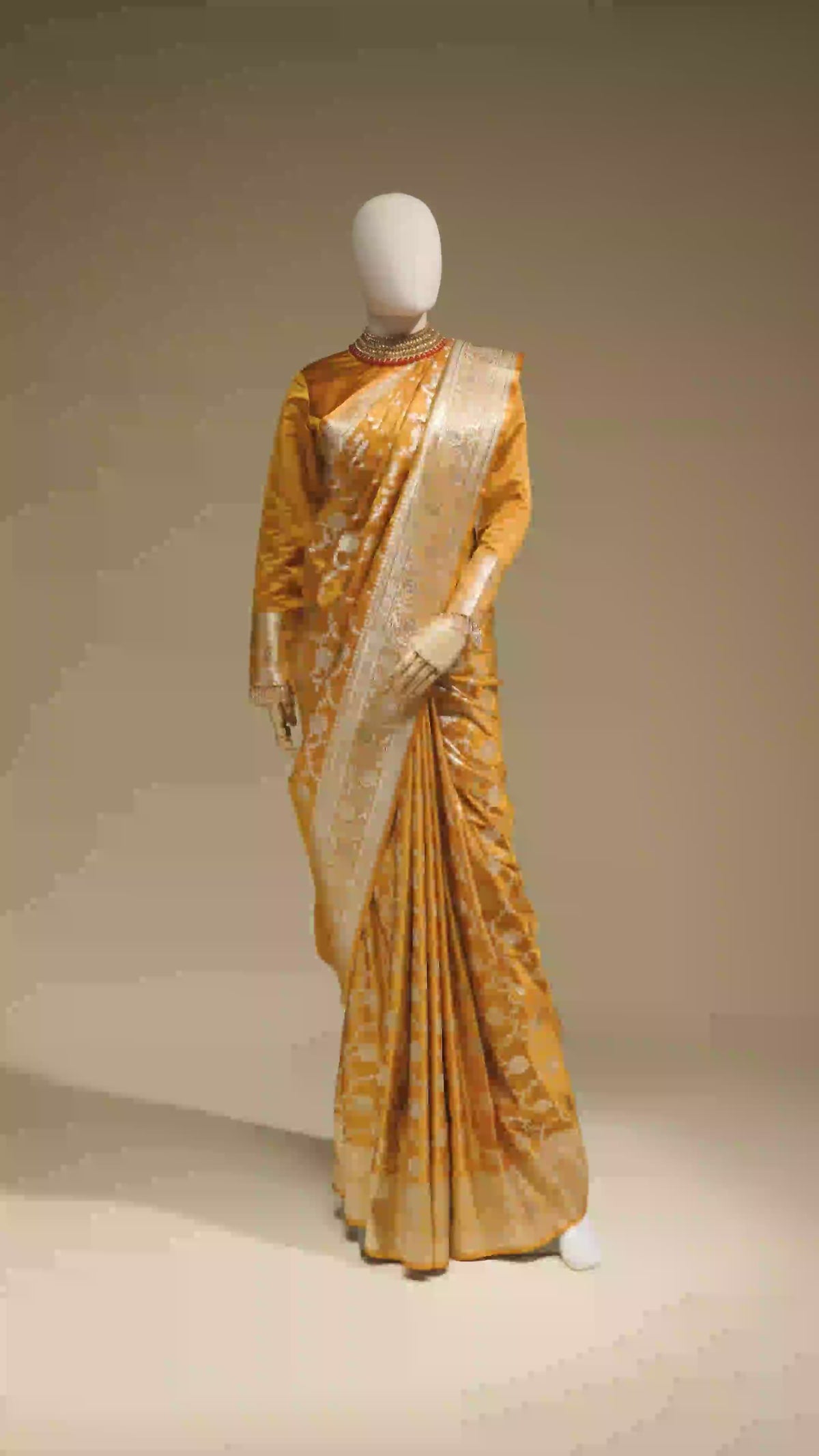 Pure Mashru Silk Saree In Marigold Yellow With Jaal Work