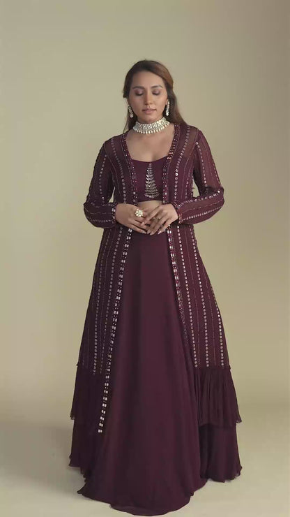 Carmine Maroon Long Sequined Jacket Lehenga Set