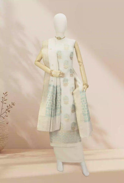 Pastel Blue & Ivory Chanderi Kurta, Dupatta & Pants Set