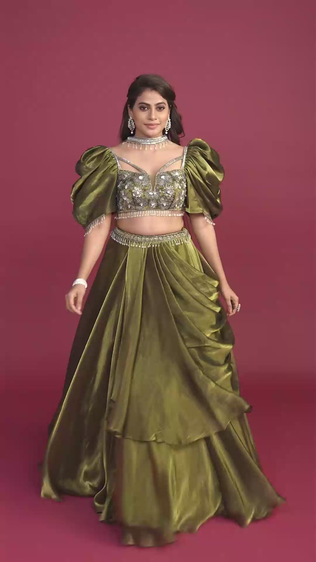 Juniper Dark Olive Green Ruffled Sleeves Lehenga Set