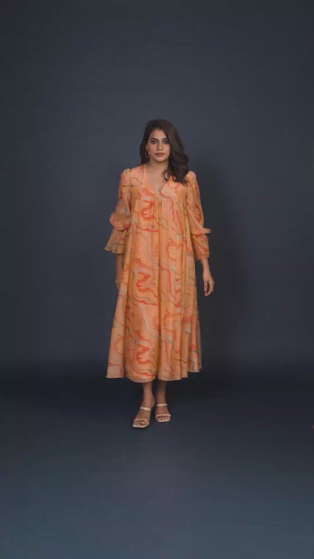 Peach Abstract Print Midi Dress