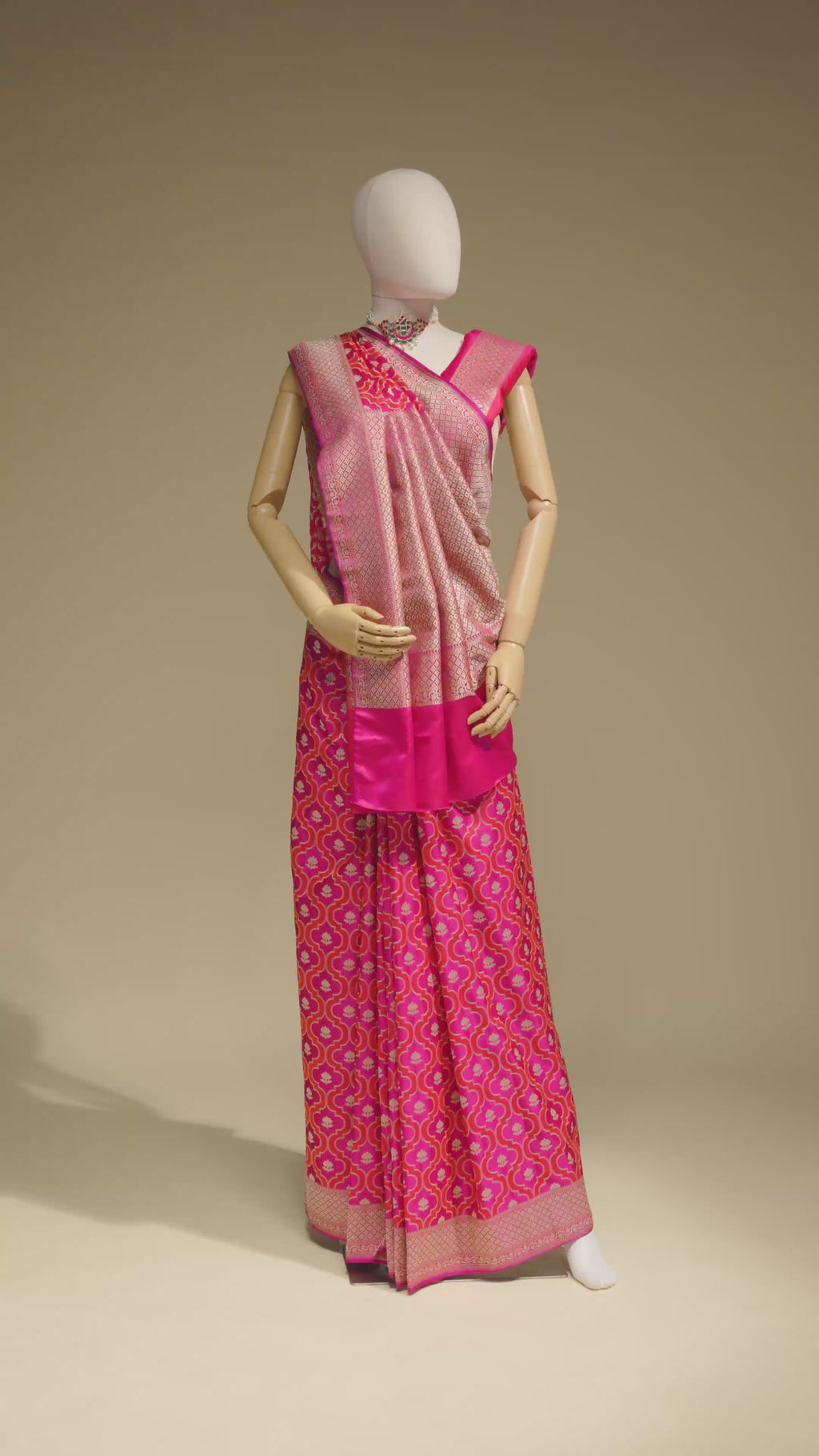 Rani Pink & Red Geometric Motif Mashru Silk Saree