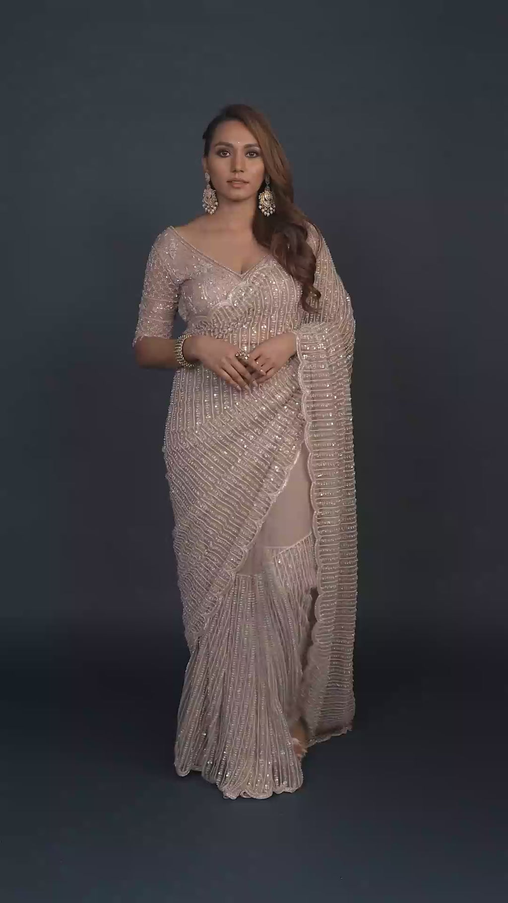 Raina Dusky Pink Pre Pleated Saree with Crystal Tassels