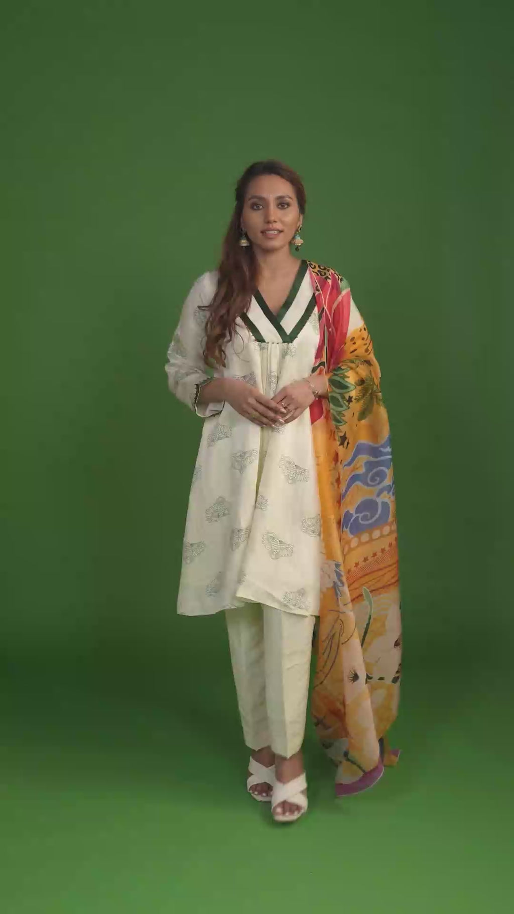 White Floral & Animal Print Kurta Set