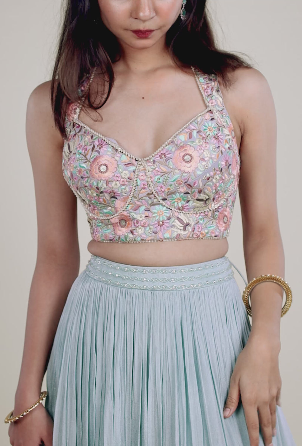 Peach, Mint Green And Pink Resham Embroidery Work Blouse