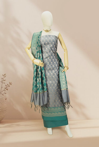 Grey & Green Banarasi Silk 3-Piece Suit – Kurta, Pure Silk Pant & Dupatta