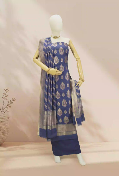 Royal Blue Chanderi Kurta Set With Cotton Silk Pants & Dupatta