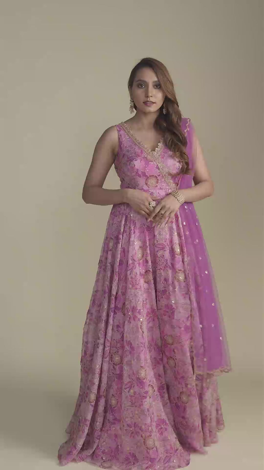 Pink Floral V-Neck Anarkali Set