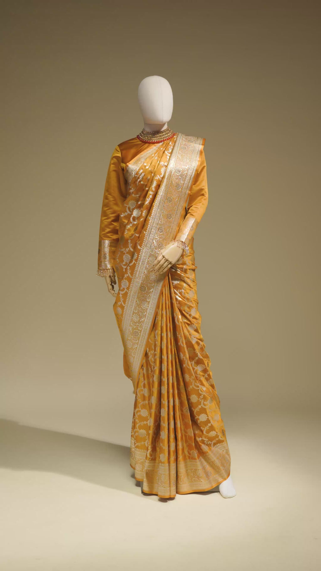 Pure Mashru Silk Saree In Marigold Yellow With Jaal Work