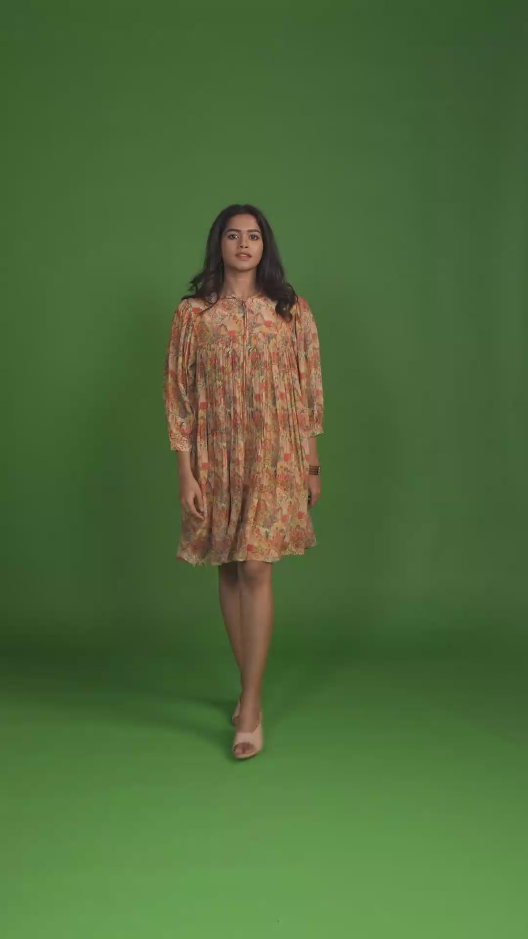 Ochre Drawstring Pleated Short Dress