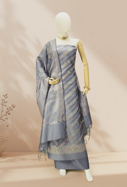 Grey & Green Banarasi Silk 3-Piece Suit Set
