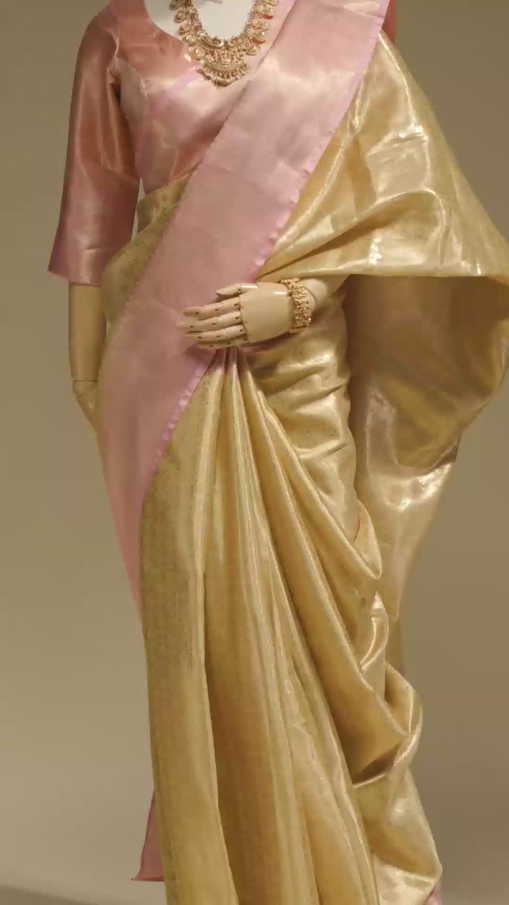 Tissue Silk Saree In Golden And Pink With Paisley Motifs