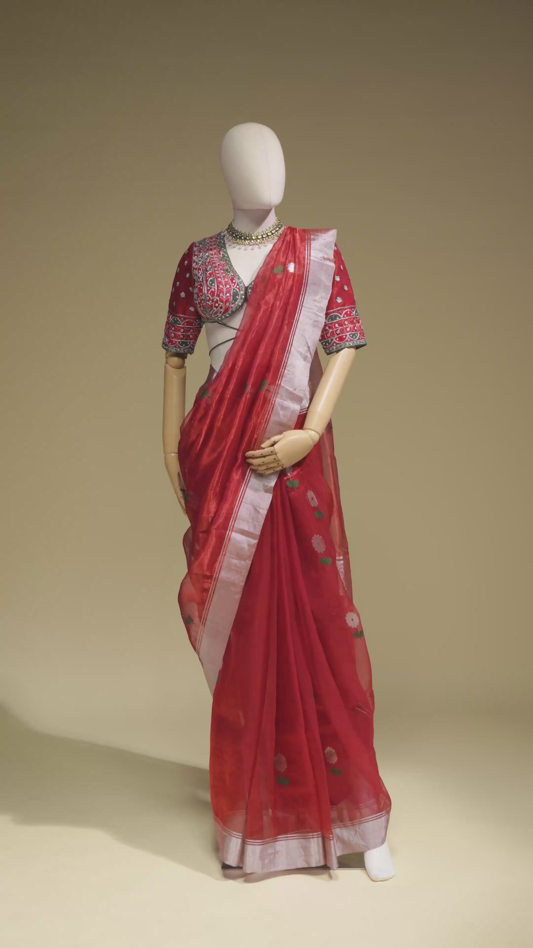 Tissue Silk Saree In Chanderi Red With Zari Buttiwork