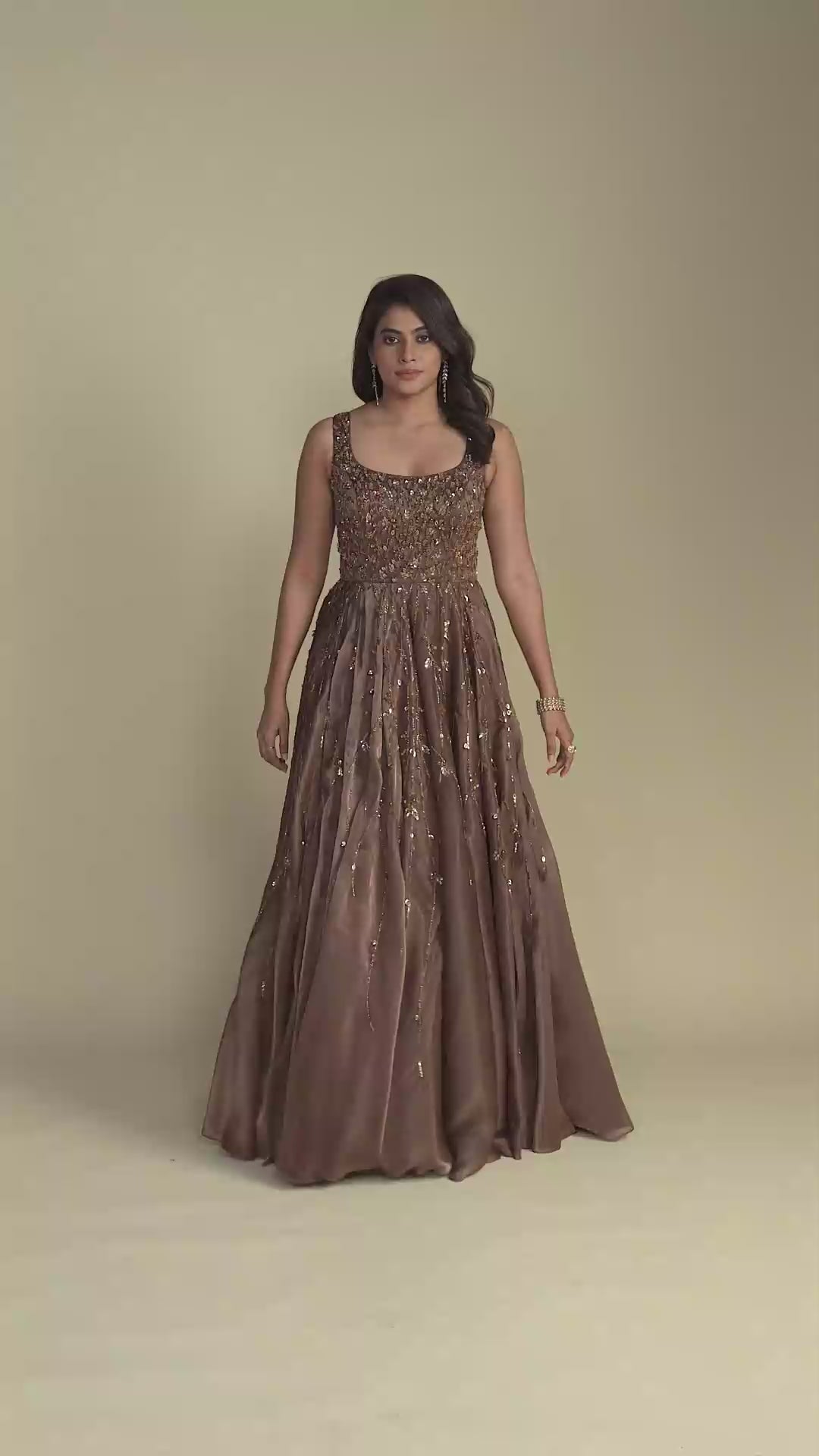 Fiza Ginger Brown Glass Organza Embroidered Gown