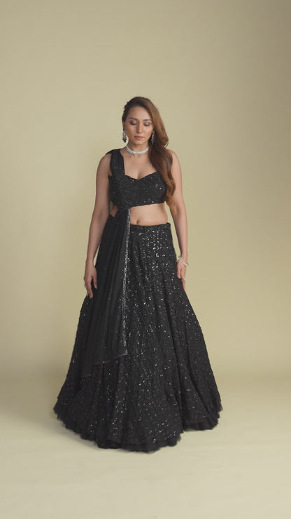 Diam Black Glam Sequined Lehenga Set with Attached Dupatta