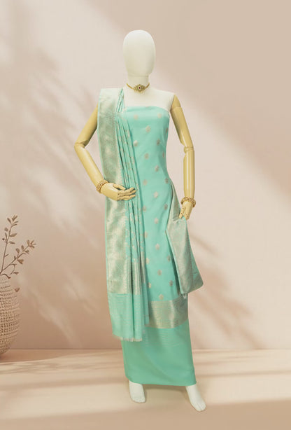 Sea Green Banarasi Silk 3-Piece Suit – Kurta, Pure Silk Pant & Dupatta