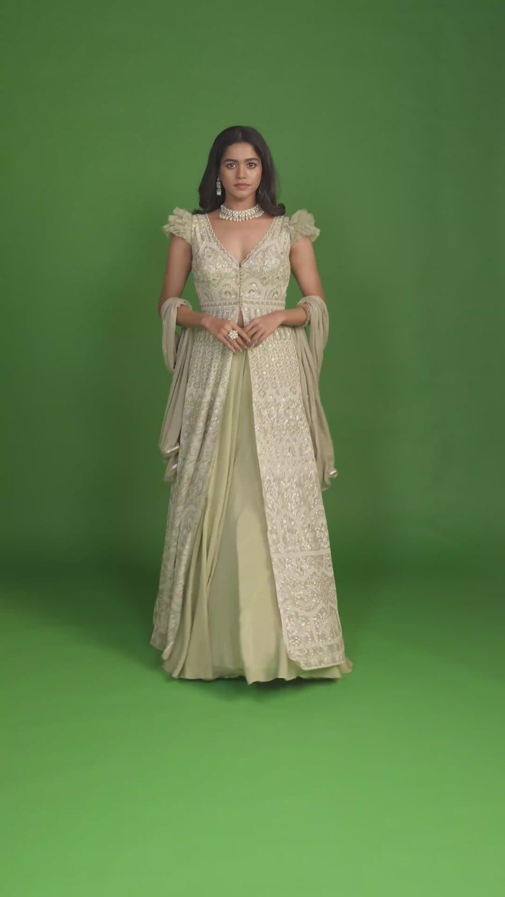 Imperial Moss Green Sheer Embroidered Front Slit Jacket Lehenga Set