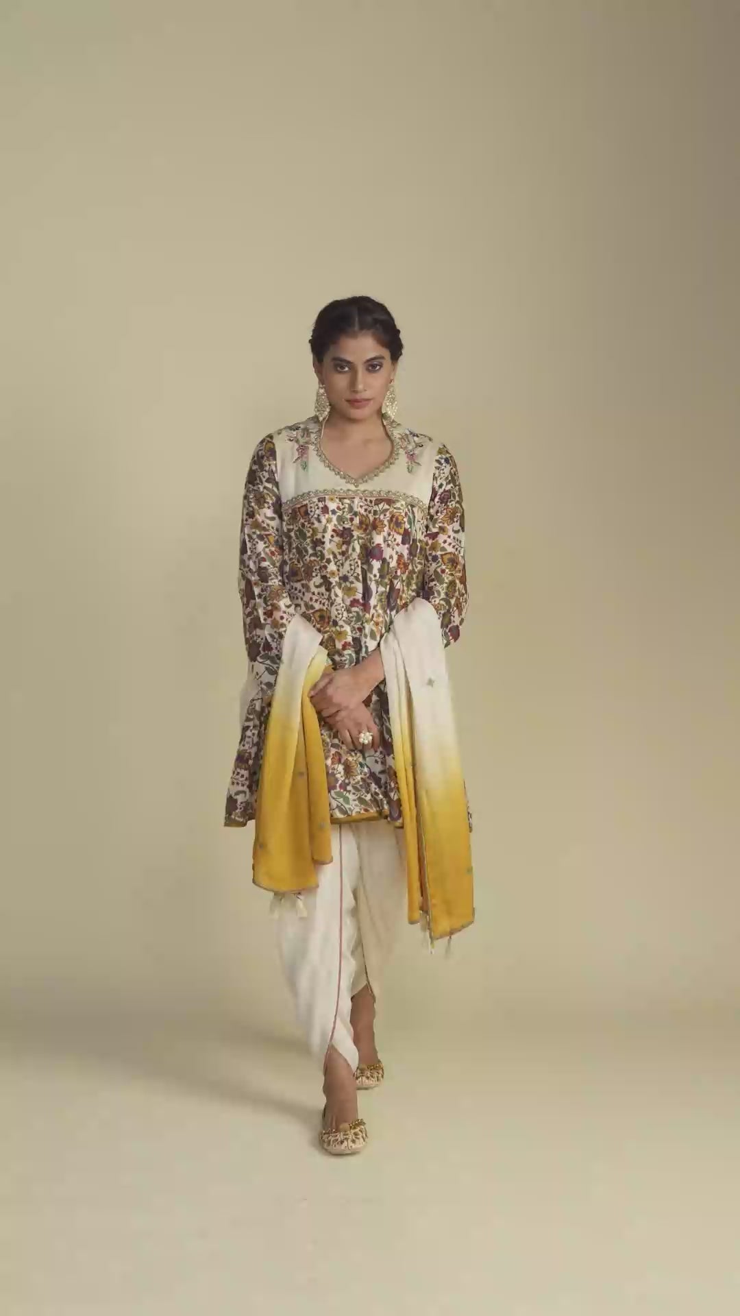 Ivory Floral Print Ethnic Kurta & Dhoti Set