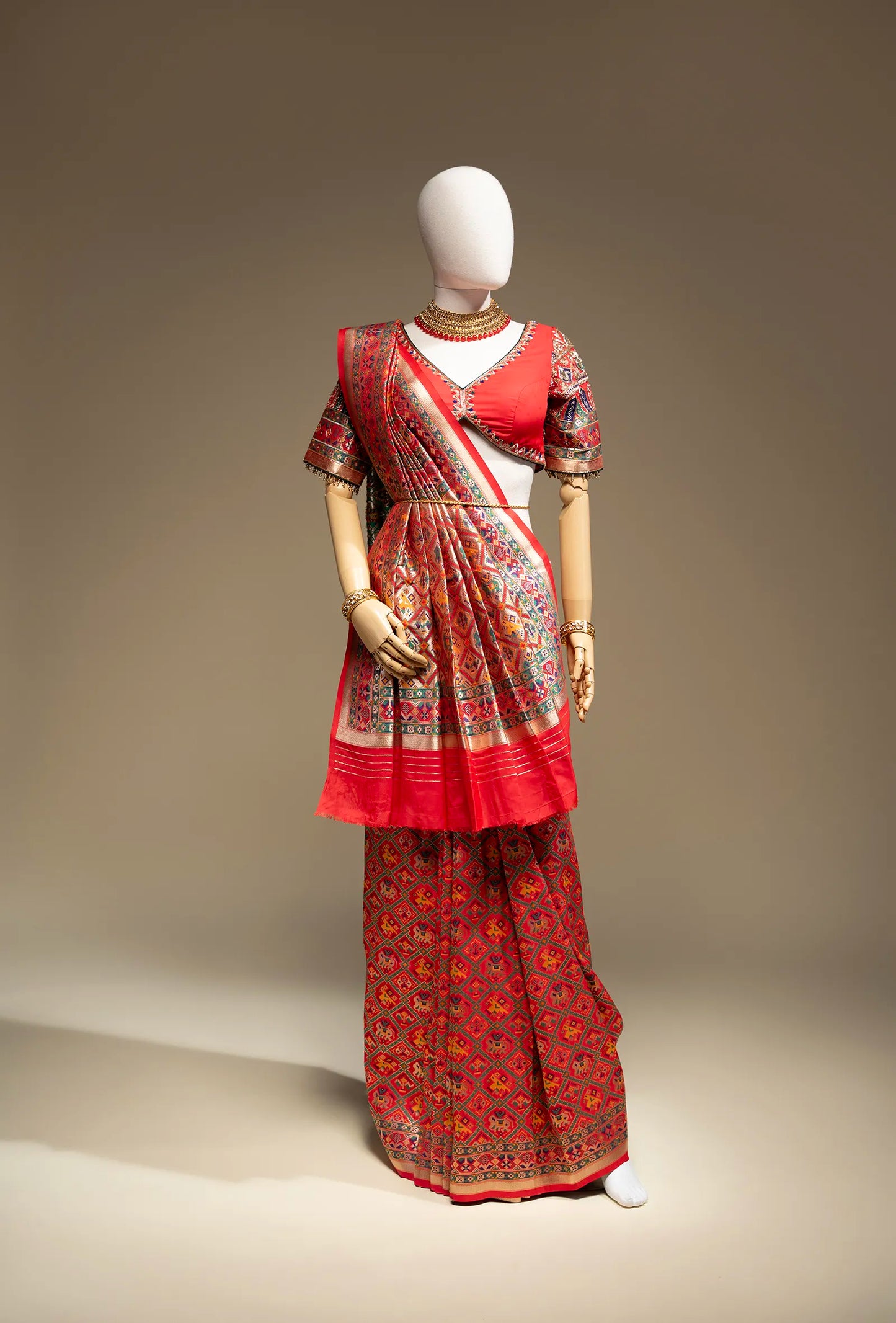 Red Patola Katan Silk Saree With Unstitched Blouse