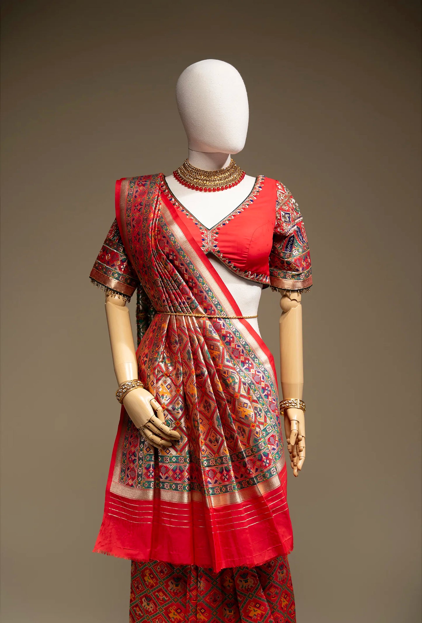 Red Patola Katan Silk Saree With Unstitched Blouse