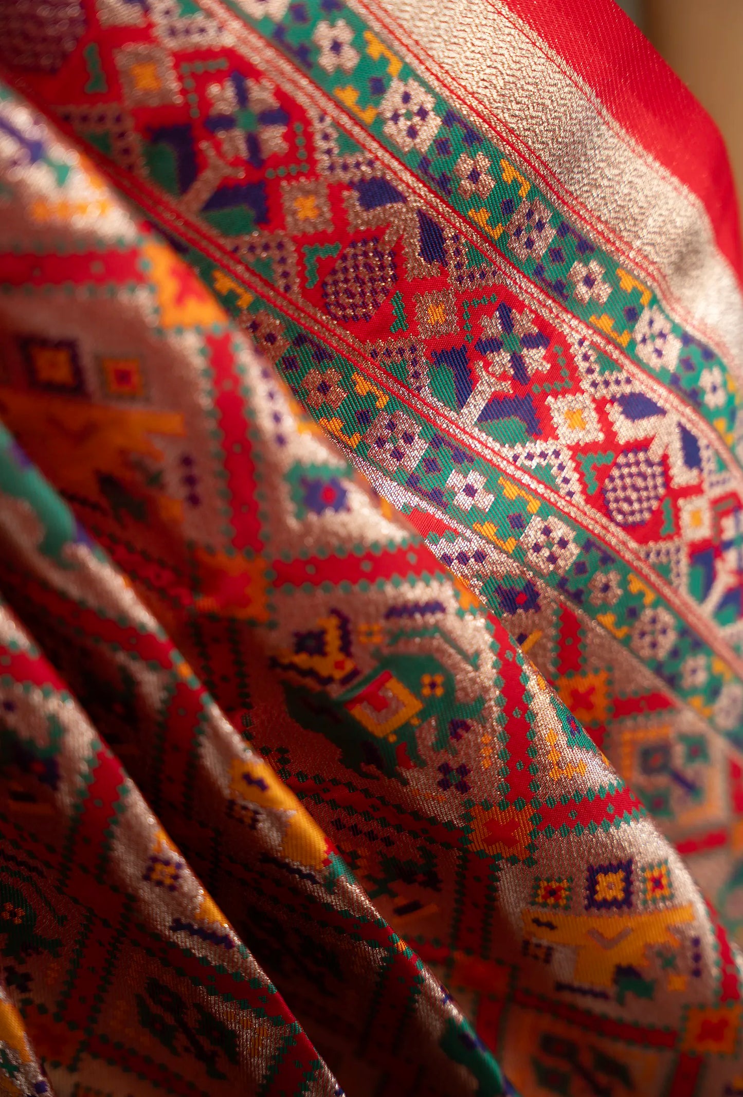 Red Patola Katan Silk Saree With Unstitched Blouse