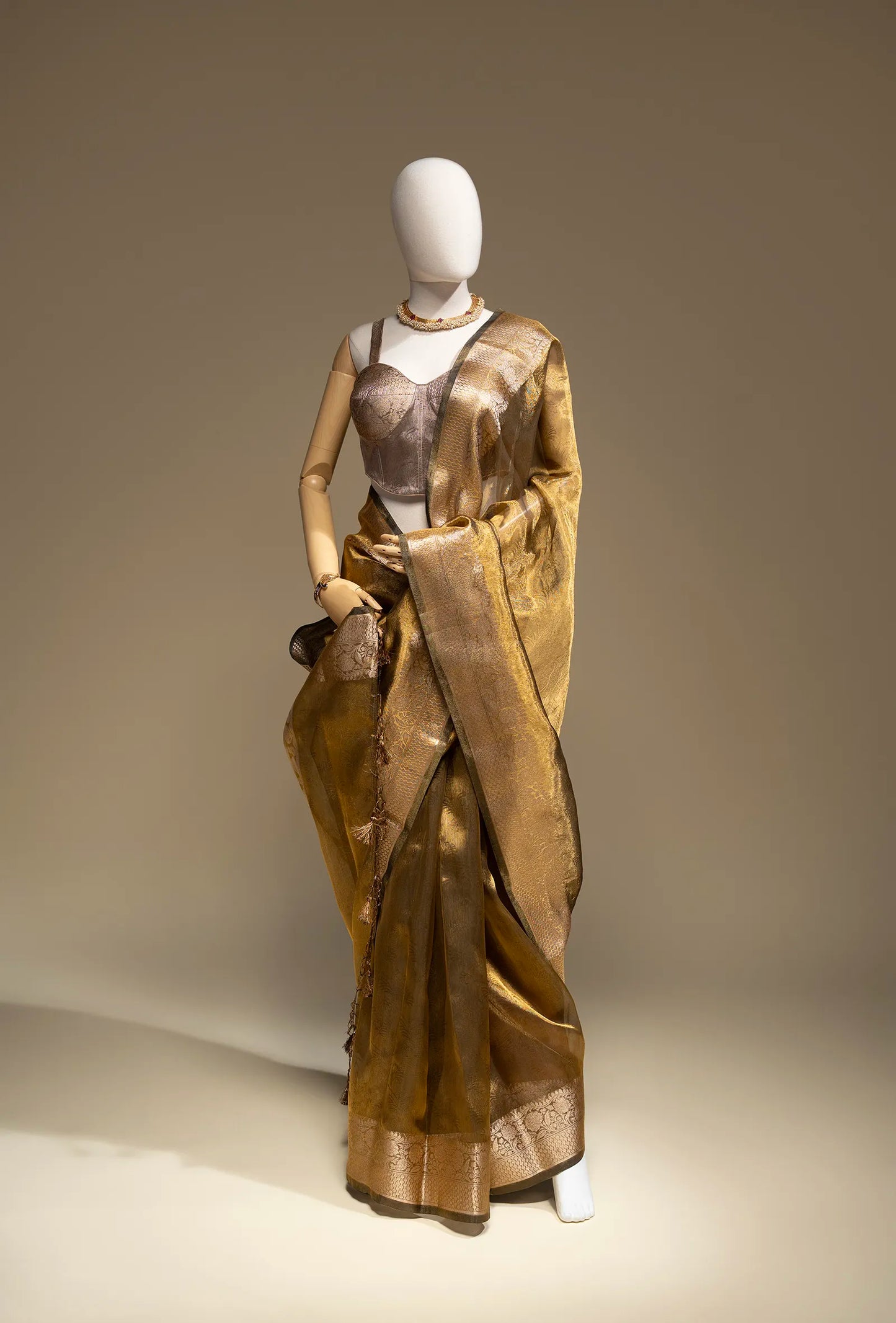 Deep Golden Shimmer Tissue Saree With Unstitched Blouse