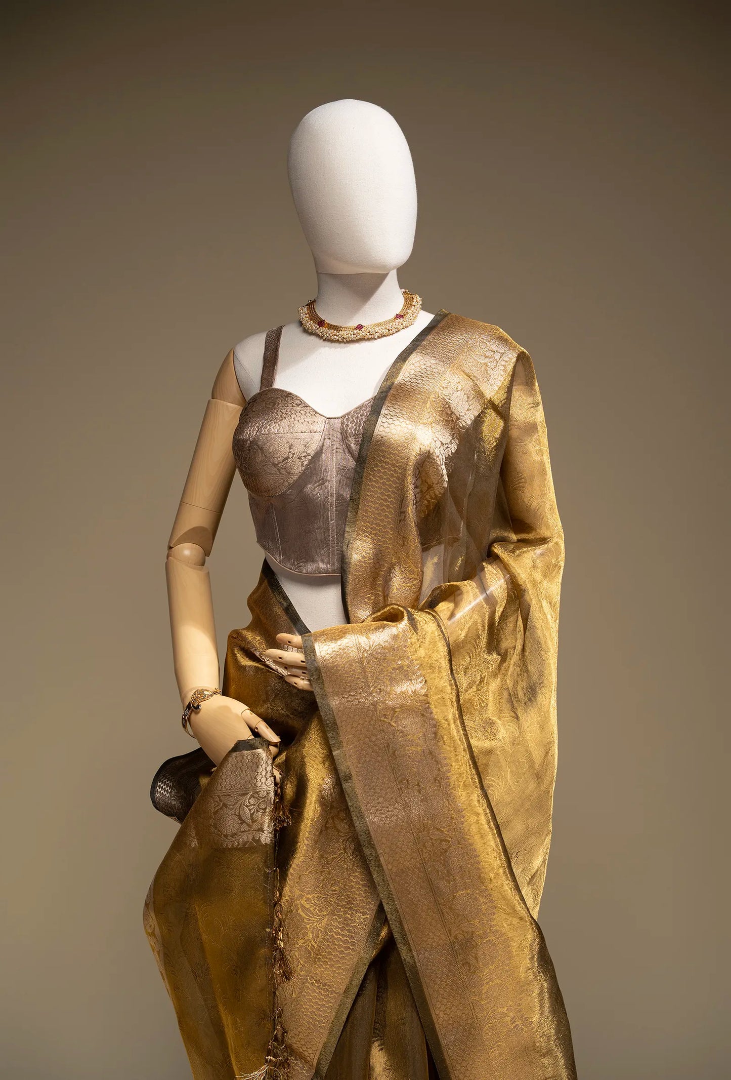 Deep Golden Shimmer Tissue Saree With Unstitched Blouse