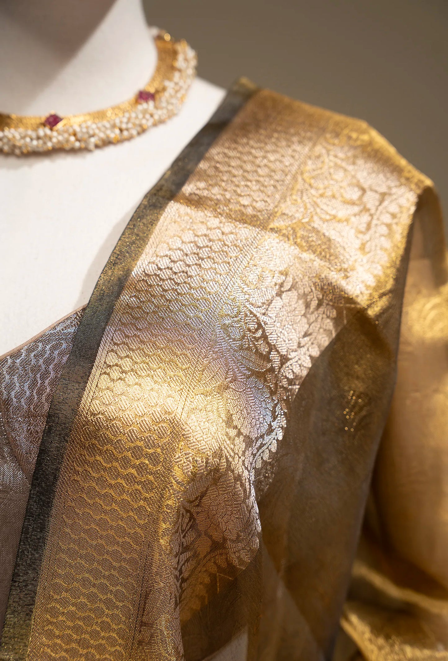 Deep Golden Shimmer Tissue Saree With Unstitched Blouse