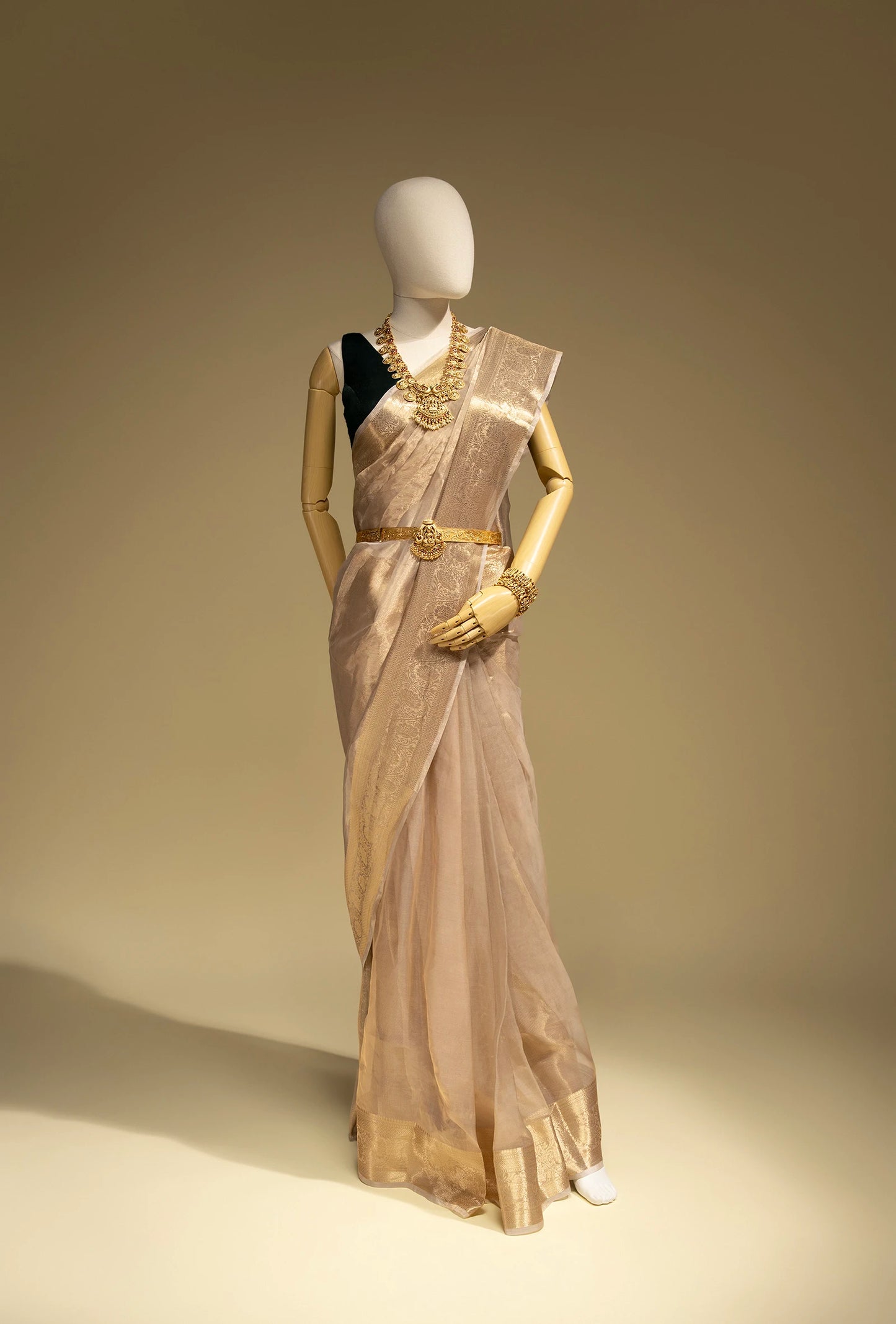 Pure Shimmer Tissue Saree In Golden For Luxe Occasions