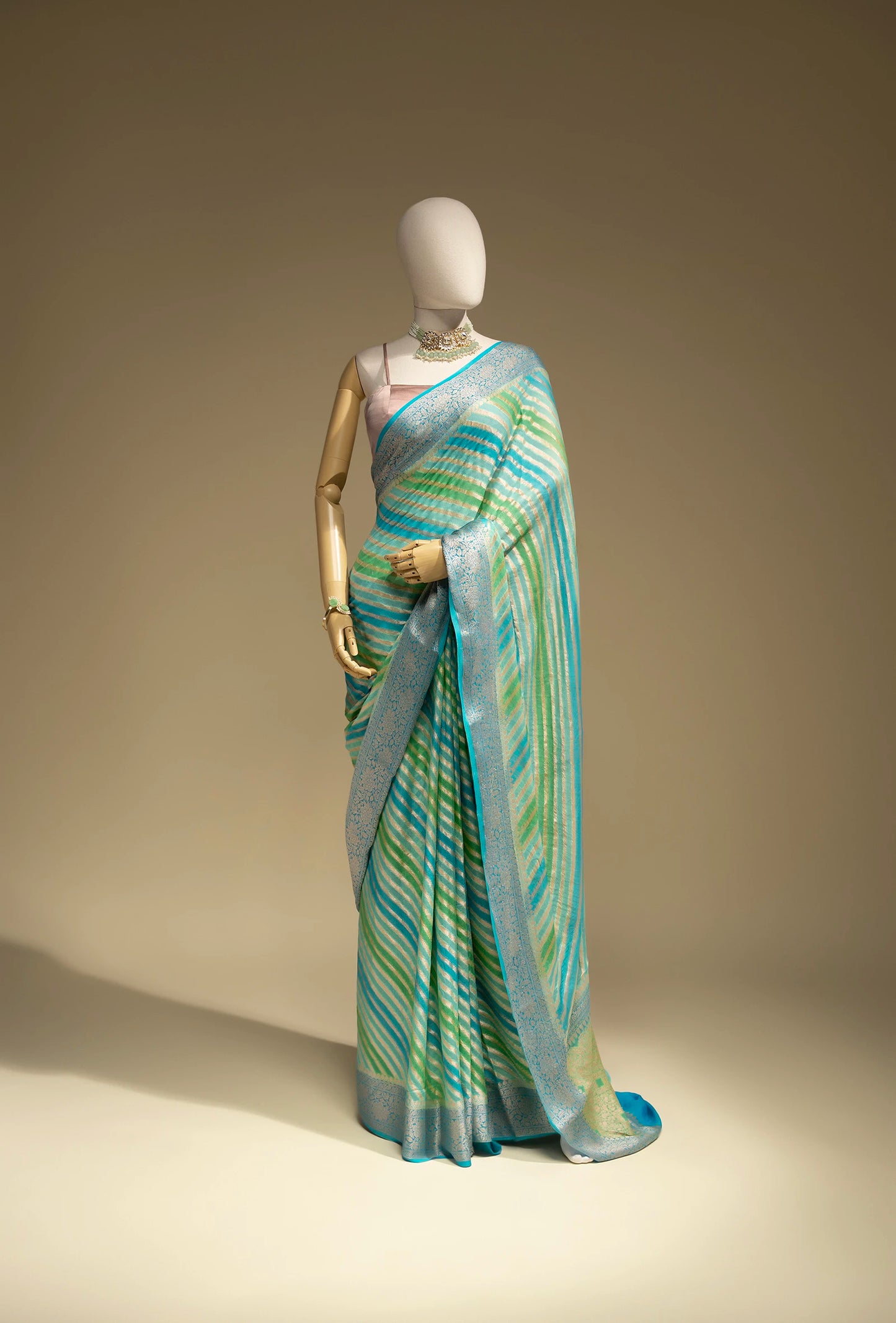 Lehriya Georgette Saree In Blue Green With Bold Stripes