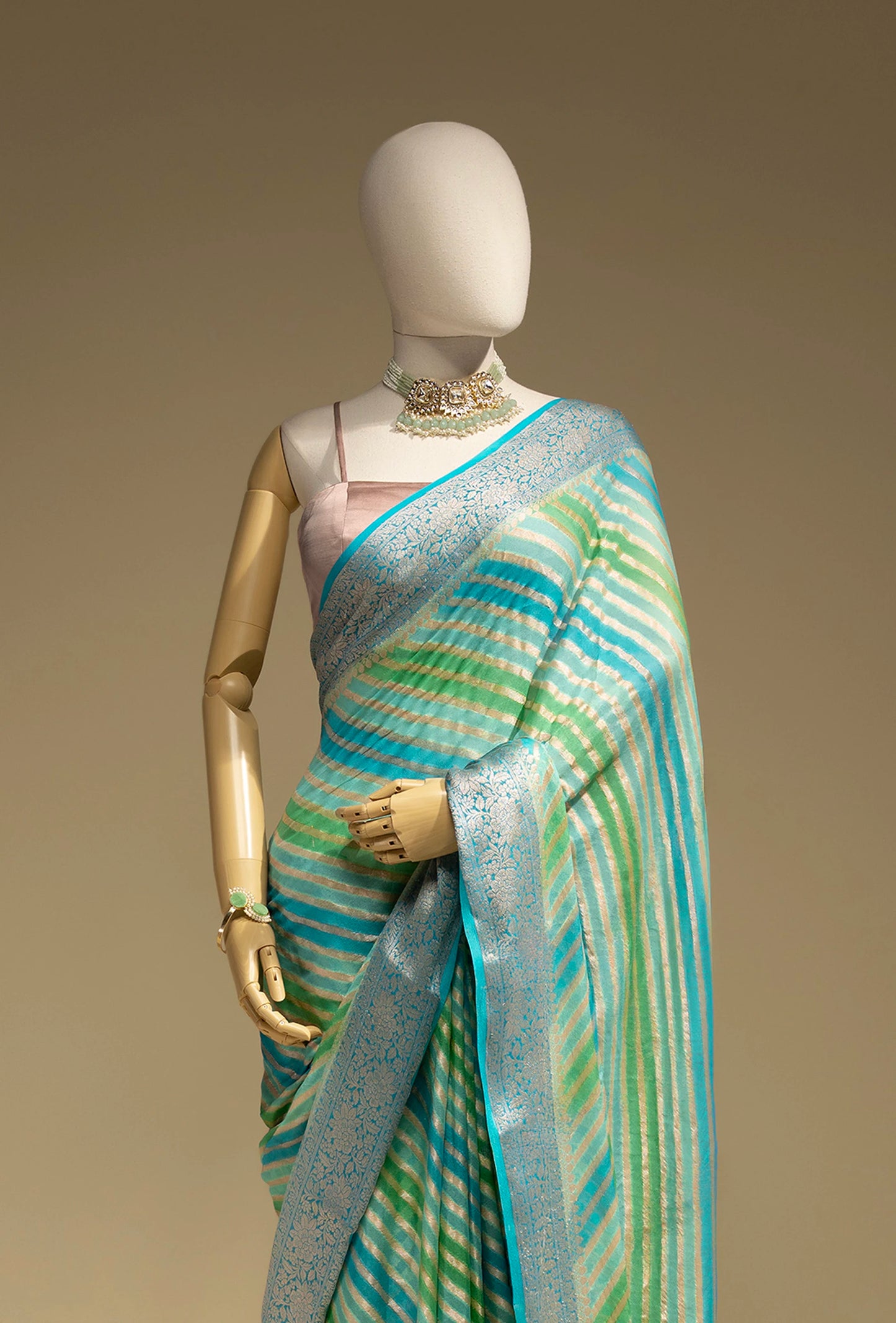 Lehriya Georgette Saree In Blue Green With Bold Stripes