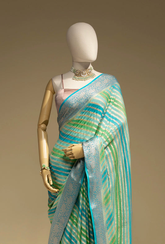Lehriya Georgette Saree In Blue Green With Bold Stripes