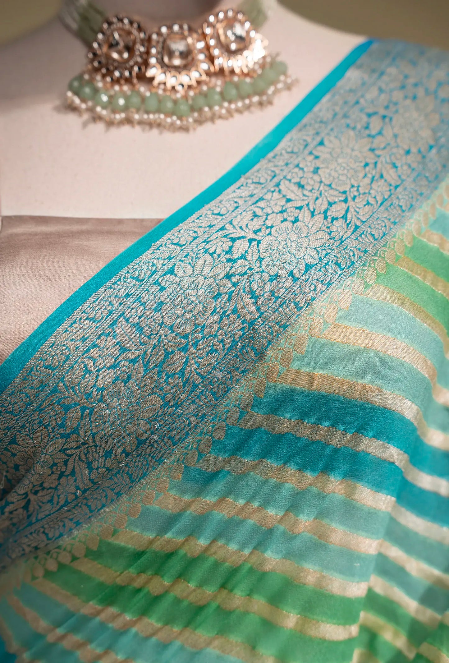 Lehriya Georgette Saree In Blue Green With Bold Stripes
