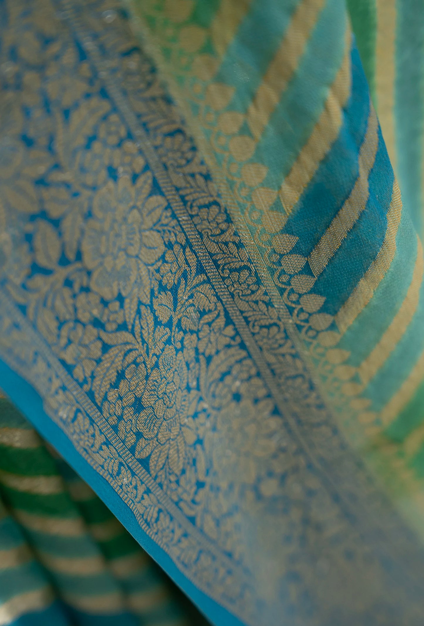 Lehriya Georgette Saree In Blue Green With Bold Stripes