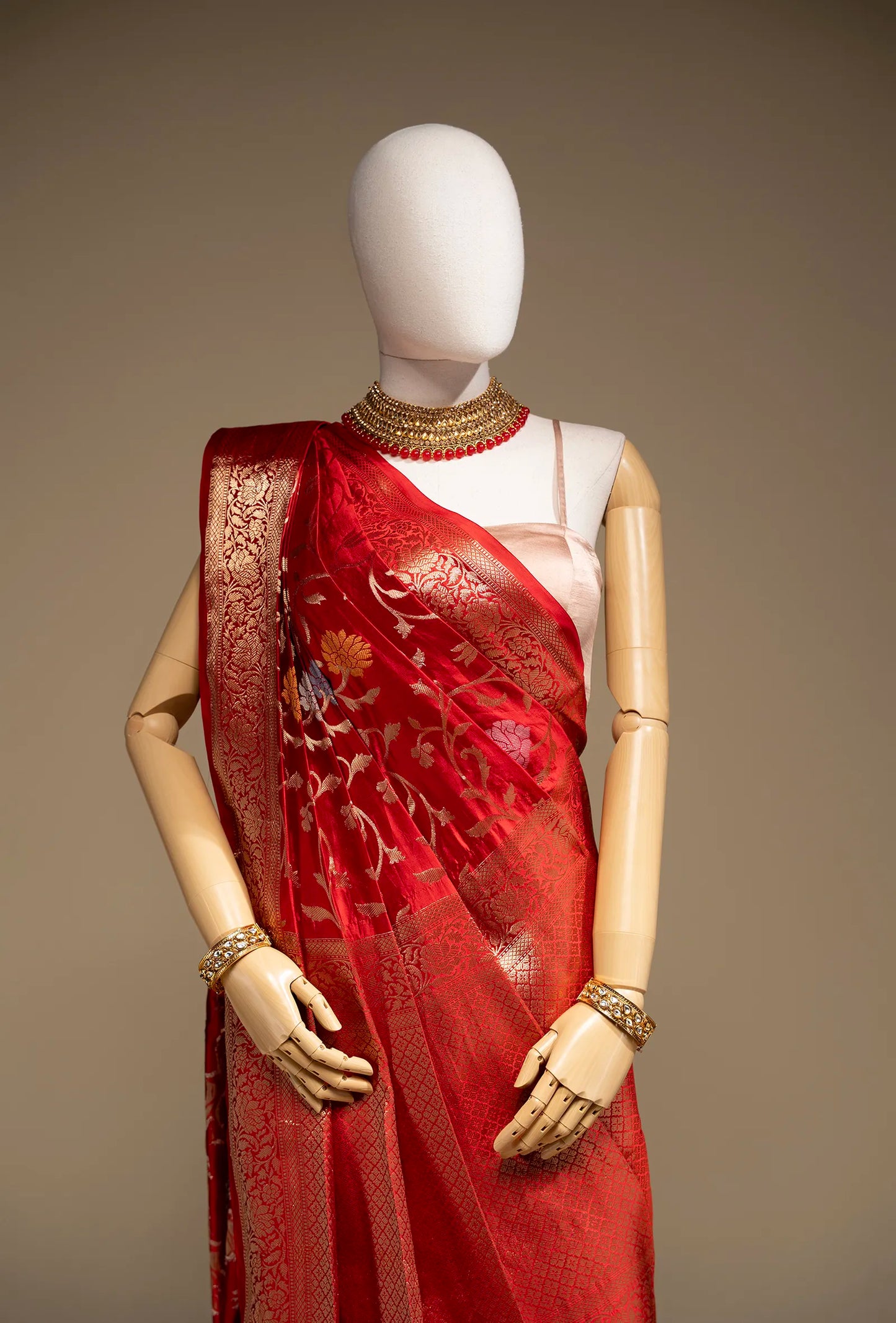 Deep Red Meenakari Silk Saree With Unstitched Blouse