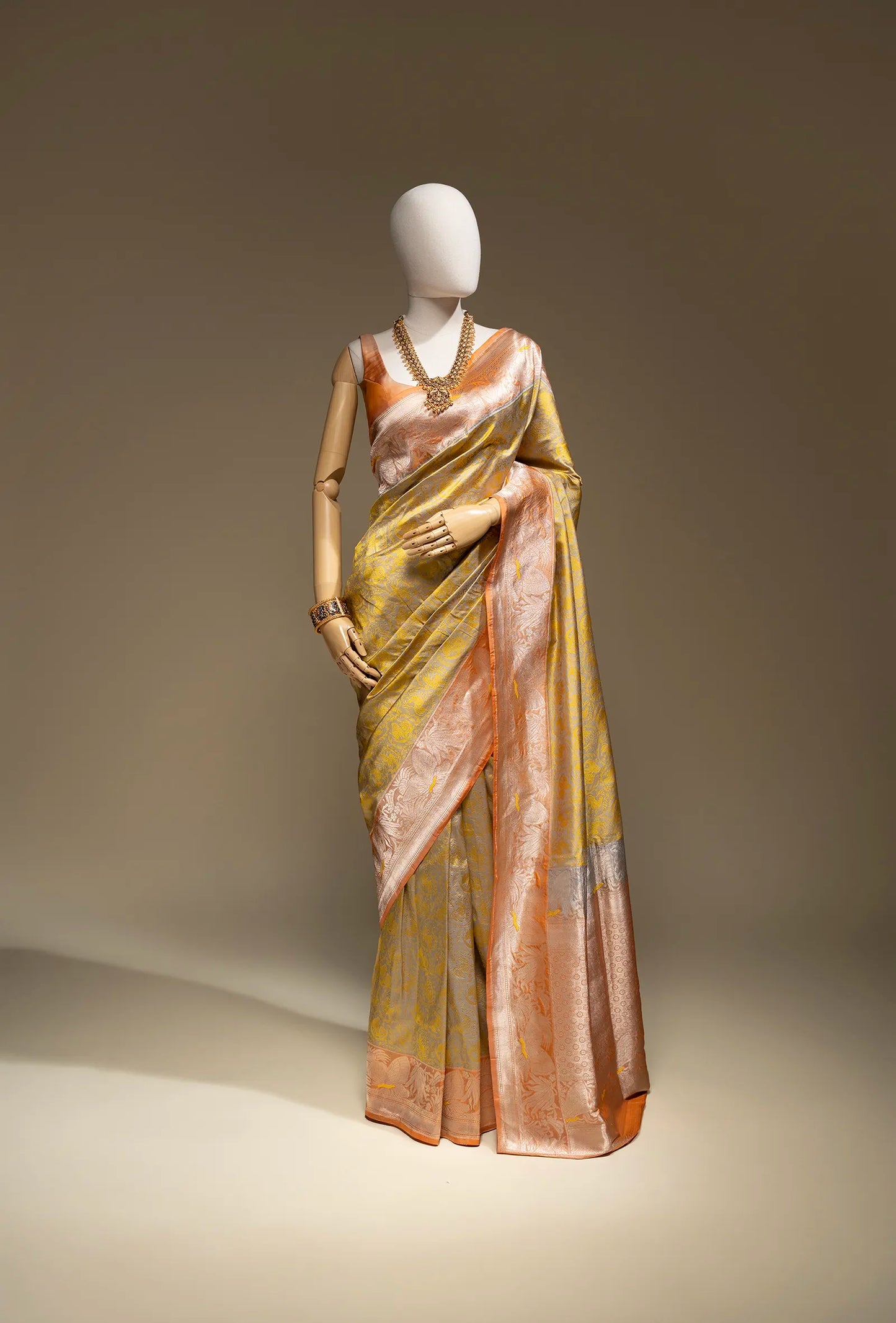 Pure Silk Shikargah Yellow & Grey Saree With Unstitched Blouse
